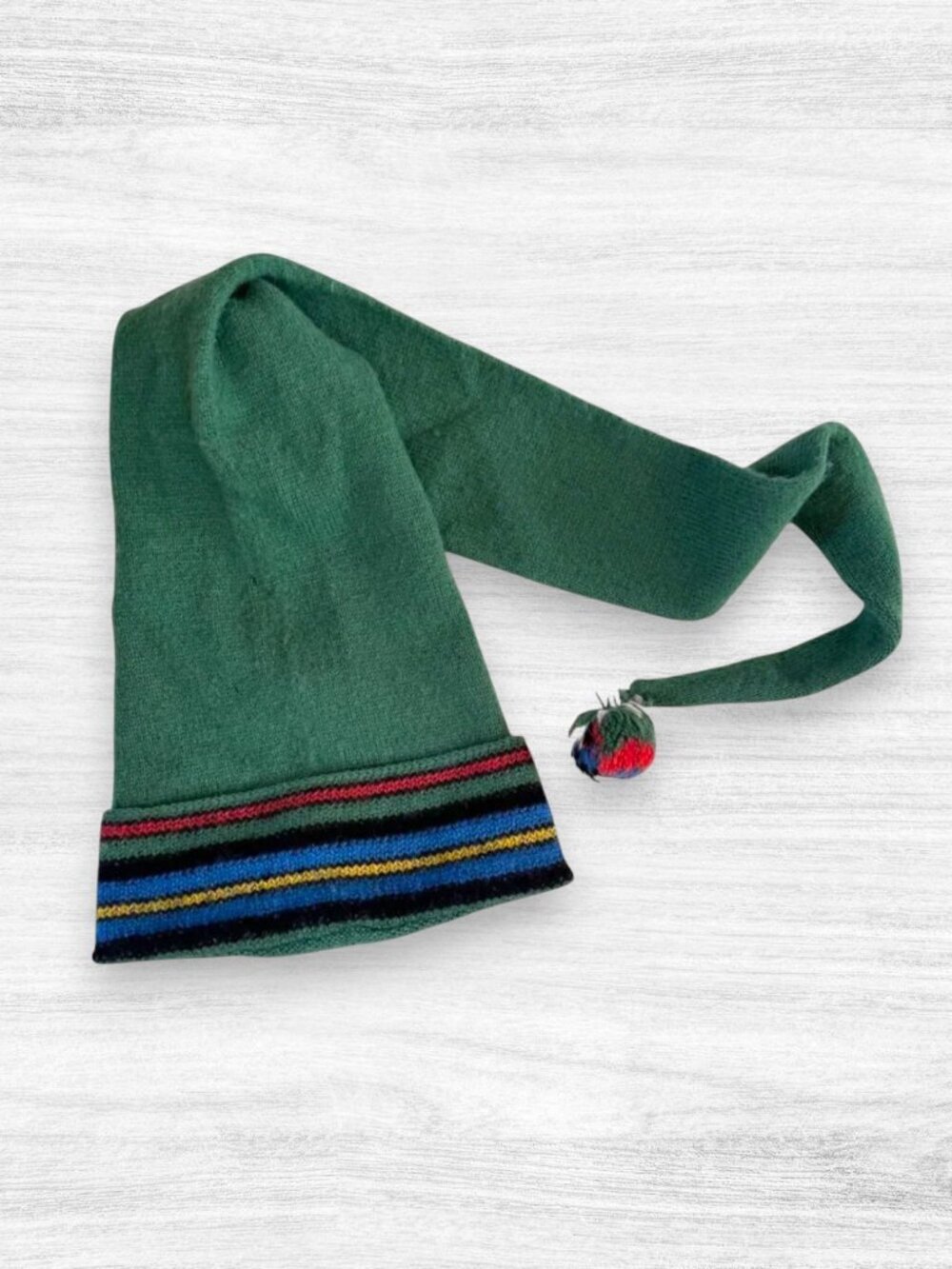Handmade Green Knit Elf Hat Long Tassel duPont Orlon Yarn Cottagecore Vintage